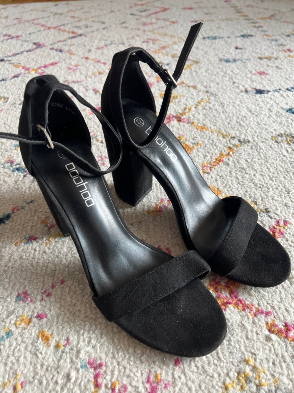 Boohoo Black Suede Block Heel Ankle Strap Sandals